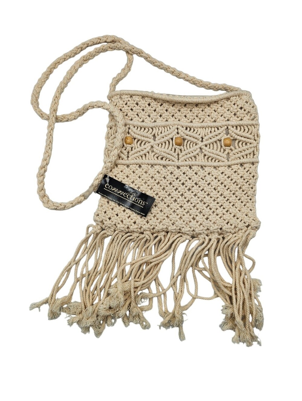 Vintage Y2K Connections Womens Macrame Crochet Bag Wooden Handle Boho Beige